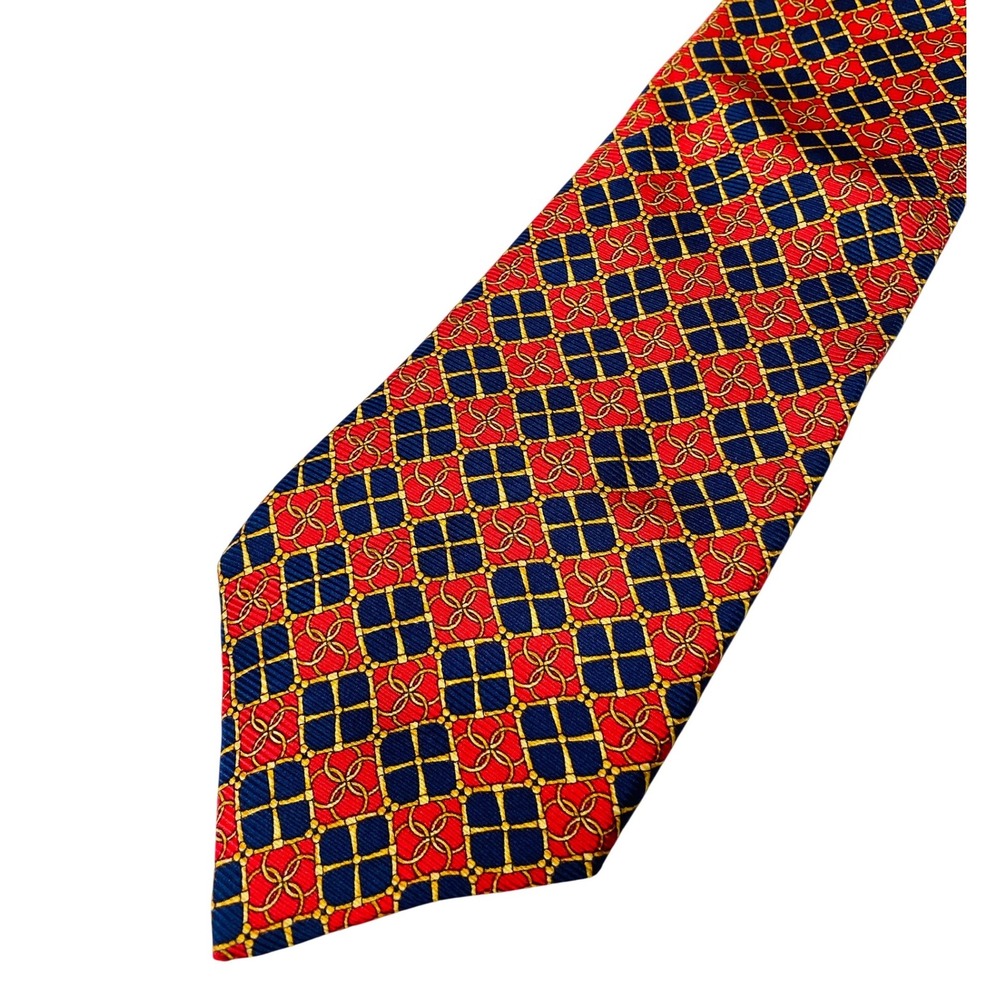 VTG The Custom Shop Shirtmakers Silk Tie Red‎ Navy Blue Gold Geometric Lattice